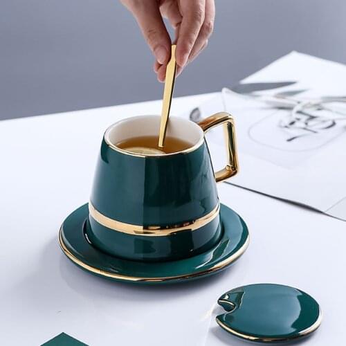 Gold Trim Green Porcelain Coffee Cups with Saucer, Lid, Mixing Spoon, for Drinks, Latte, Cafe Mocha Cappuccino and Tea - 450ml