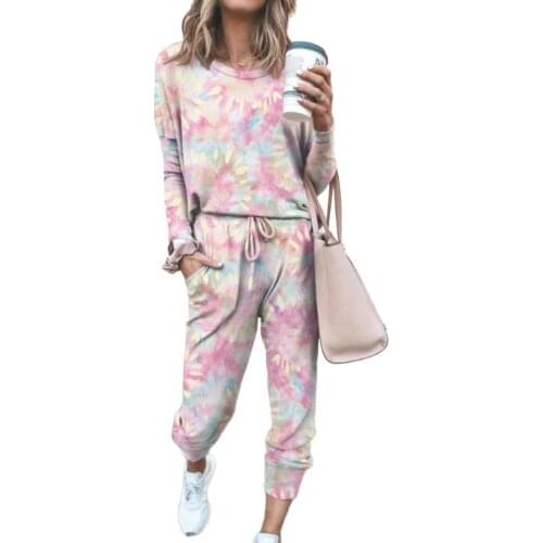 2Pcs Women Tie Dye Jogger Suit Long Sleeve Round Neck Pants Sleepwear Loungewear