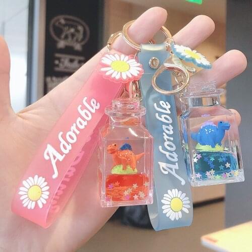 Creative Acrylic Dinosaur Keychains Quicksand Drifting Bottle Keyring Oil Floating Liquid Car Bag Pendant Key Chains Gifts