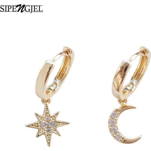 Tiny Trendy Cubic Zirconia Moon Star Drop Earrings Rose Gold Round Asymmetric Hoop Earrings For Women Jewelry aros mujer 2020