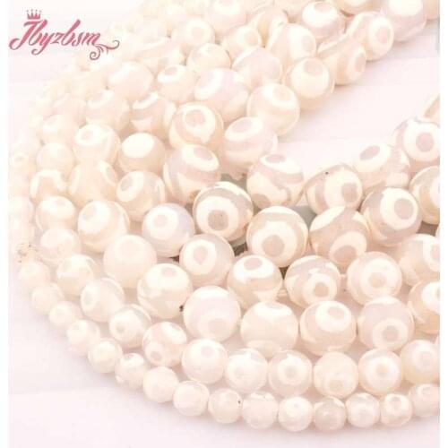 Natural Dzi Tibetan Agates Faceted Round White Ring Stripe 6/8/10mm Stone Beads for DIY Necklace Bracelet Jewelry Making 15"