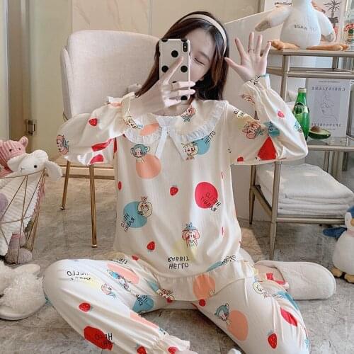 New Women 2pcs Cute Sleepwear Top Long Sleeve Pyjamas Girl Long Pant Autumn Cotton Women Pajamas Set Homewear
