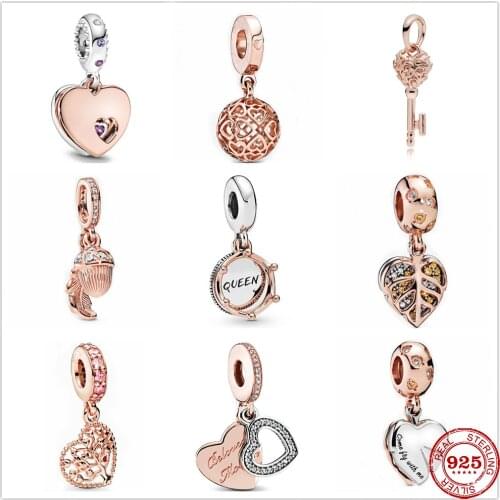 Newest 925 Sterling Silver Heart key Beads Dangle Charm Rose Gold Fit Original Pandora Charms silver Bracelet Jewelry
