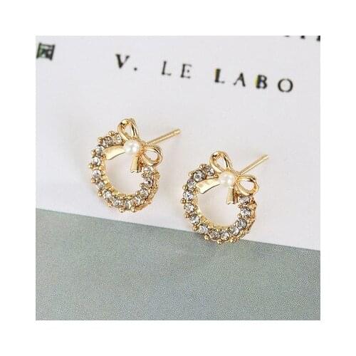 New Korean Elegant Trendy Round Crystal Wreath Bow Stud Earrings For Women Imitation Pearls Jewelry Oorbellen Gift