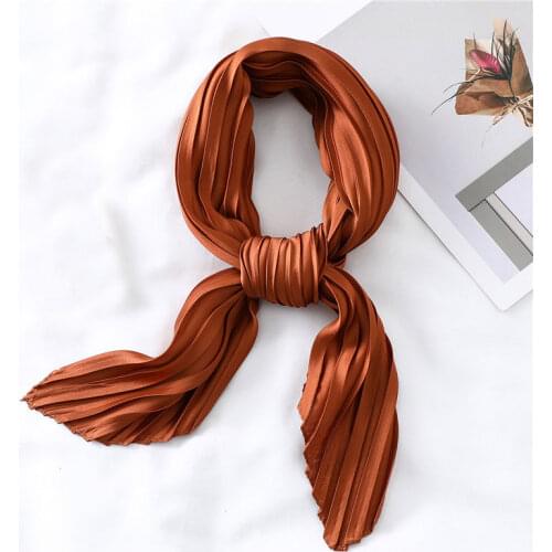 2020 Hot Small Scarves Solid Color Silk Pleated Scarf Fashion Satin Neckerchief Crinkle Hair Band Scarves Square Neck Scarf