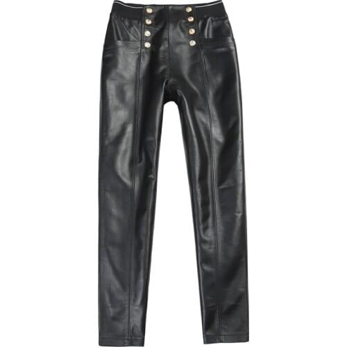 Real Leather Pants Great quality Elastic Waist Genuine Sheep Leather Pants Female Was Thin Soft Leather Pants With Pockets wy284