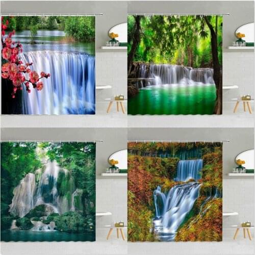 Natural Landscape Waterfall Shower Curtain Forest Mountain Plum Bridge Scenery Bathroom Supplies Cloth Curtains Decor Washable