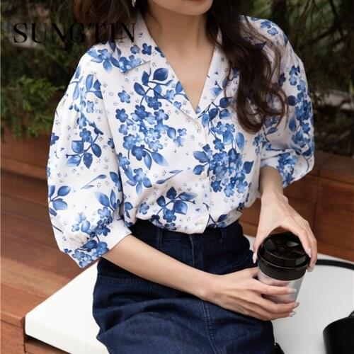 Sungtin Vintage Puff Sleeve Print Loose Blouse Shirt Women Half Sleeve Turn Down Collar Blouses Female Prairie Chic Korean Shirt