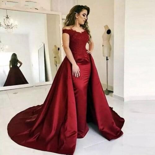 Dark Red Mermaid Prom Dress with Detachable Train Lace Appliques Off Shoulder Arabic Evening Gowns for Women vestido de festa