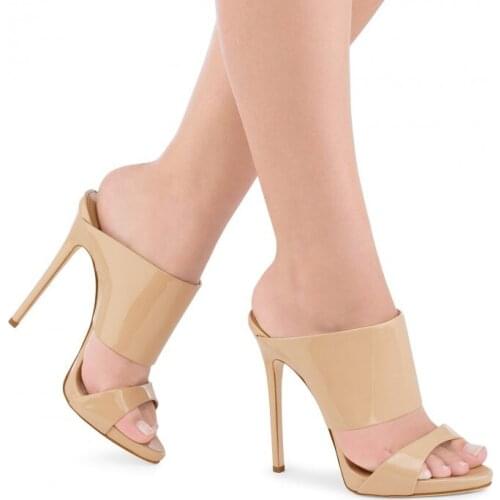 Nude patent leather high heel shoes for woman sexy open toe cutouts slipper summer new fashion thin heels slides sandal