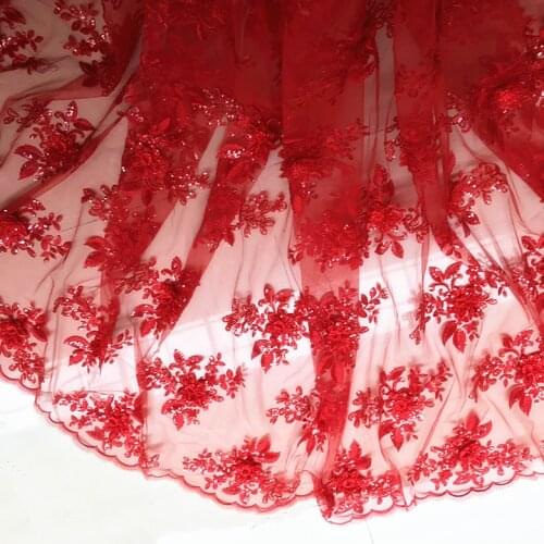 High end bright red and black solid Sequin Flower Embroidery Lace embroidery fabric