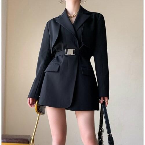 2021 Women Chic Black Dress Blazer Jacket V-Neck Casual Short Dress Suit Buckle Waist Belt Streetwear Trench Coat Cool Girls
