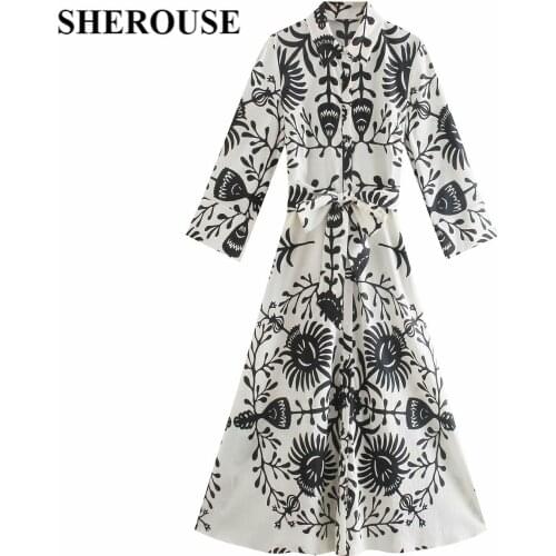 2021 Women Fashion With Belt Printed Single Breasted Midi Shirt Dress Three Quarter Sleeve Lapel Neck Vintage Female Dresses