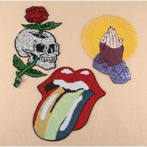 1Pcs 25*18CM Skull Flower Shape Punk Style Sequins Patches For DIY Sew On Clothes Shoes Stickers Stripes Garments Decoration