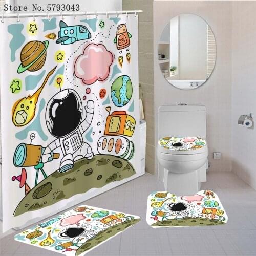 3/4Pcs Cartoon Astronaut Bathroom Rug Set Rocket Plant Pedestal Rug Lid Toilet Cover Bath Mat Home Textile Shower Curtain Set