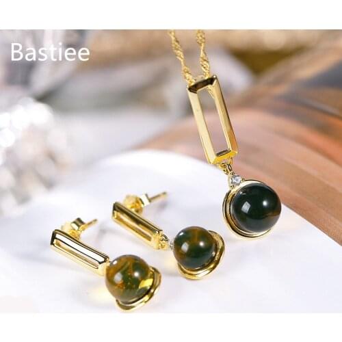 Bastiee Mexican Amber 925 Sterling Silver Jewelry Sets For Women Neclace Pendants Golden Plated Stud Earrings Luxury Gifts