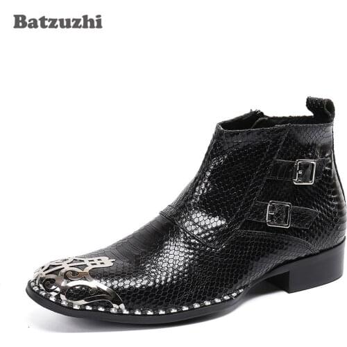 Batzuzhi Special Metal Toe Genuine Leather Ankle Boots Men Western Cool Mens Boots Shoes Buckle Zip Botas Hombre, Big Size 6-12