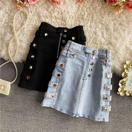 Womens High Waist Denim Party Skirt 2021 Hollow Button Zipper Mini A-line Skirt Ladies Sexy Clothing Female Night Club Wear