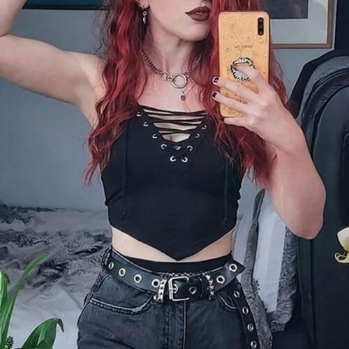Gothic Lace Up Camis Punk Sexy Summer Bodycon Hollow Out Crop Top Harajuku Sleeveless Women Black Halter Tops