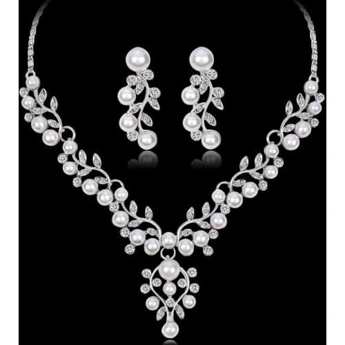 Delicate Silver Color Metal Necklaces Wedding Jewelry Sets For Bride Crystal Pearl Earrings Rhinestone Women Jewerly Gift