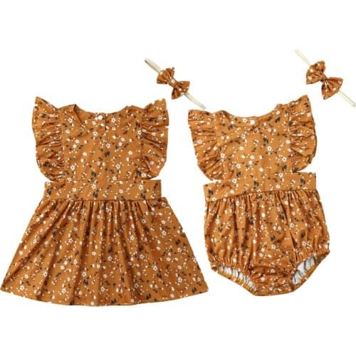 Big/Little Sister Family Matching Dress Romper Clothes Flowers Print Ruffles Sleeve Yellow Cotton Clothes Headband