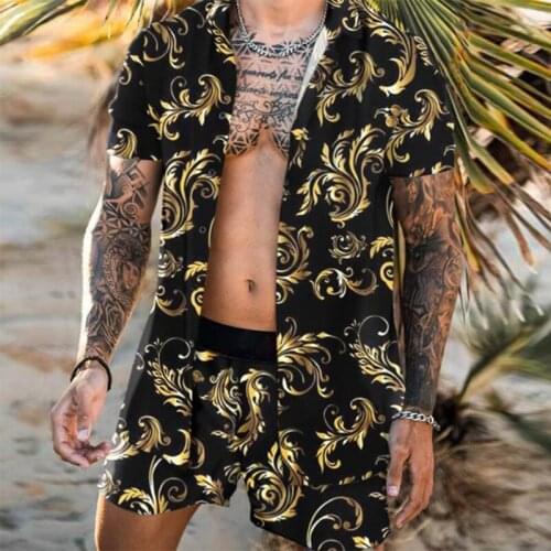 Hot Selling Beach Style Men Sets National Style Hawaiian printing Mens Short Sleeve Set Summer Casual Floral Shirt Two Piece Sui