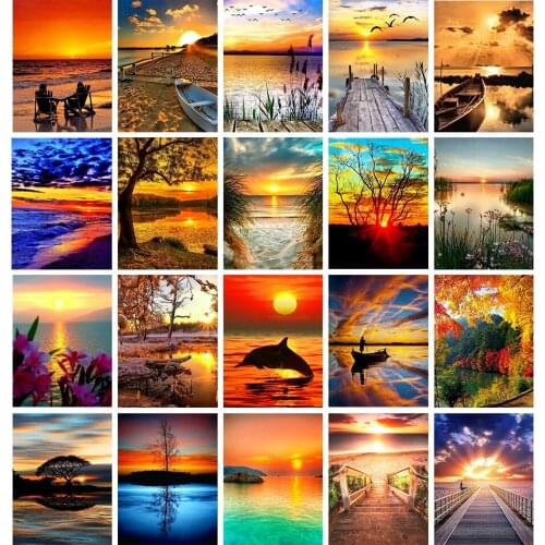 5D DIY Poured Glue Diamond Painting Kits Scalloped Edge Full Square Drill Landscape Sunset Seascape Mosaic Embroidery Decoration