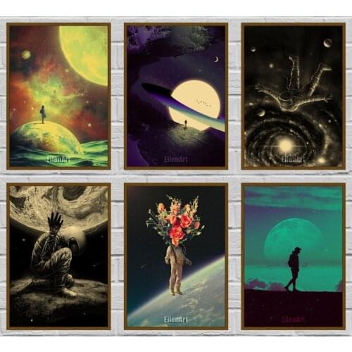 Living Room Astronaut and Space Poster Kraft Paper Retro Posters Wall Sticker Bar Cafe Decorative Painting 42X30cm