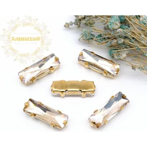 5*10 5*15 Champagne Rectangle Glass Crystal sew on rhinestones with gold claw Diy wedding dress accessories Free shipping