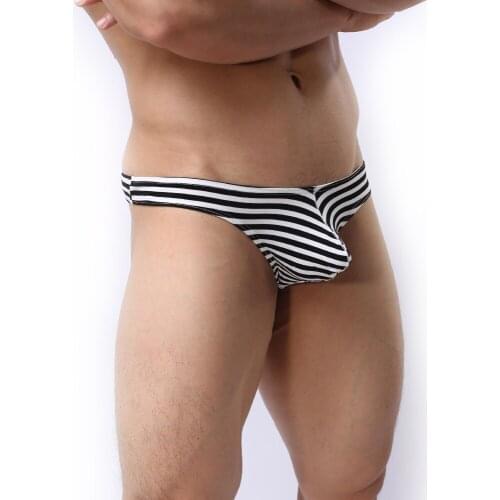 Sexy Mens G-Strings Cotton Polyester Convex U Pouch Bikini T Back Low Waist Striped Panties Male Gay Thongs Underwear C206