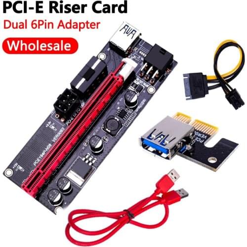 VER009S PCI-E Riser Card Dual 6Pin Adapter Card PCIe 1X to 16X Extender Card USB 3.0 Data Cable for BTC Mining Miner
