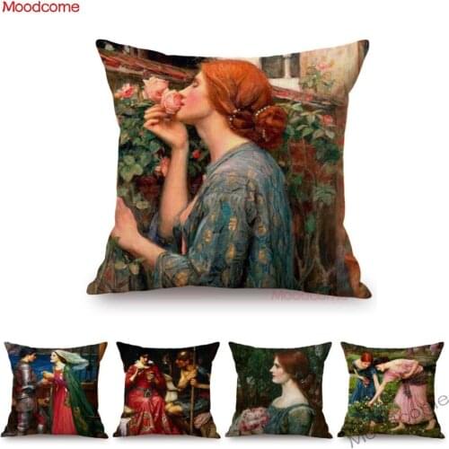 Aestheticism Master John Waterhouse Ancient Greek Myths Goddess Oil Painting Sofa Pillow Case Young Girls Linen Cushion Cover