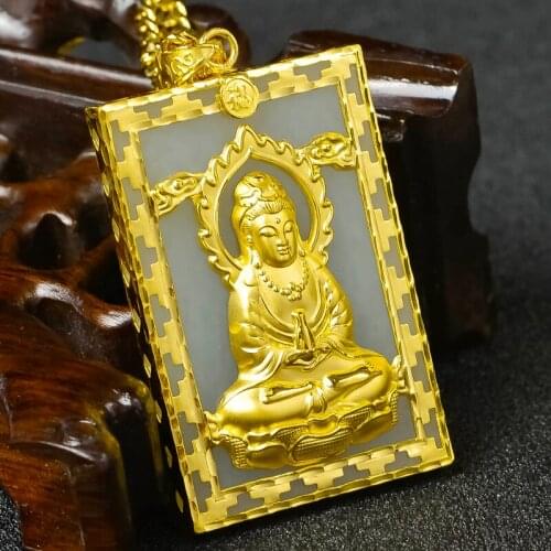 JEWELRY PURE GOLD PLATED GUANYIN PENDANT GOLD INLAY AND TIANYU PENDANT MENS GOLD AND TIAN BAIYU JADE PENDANT