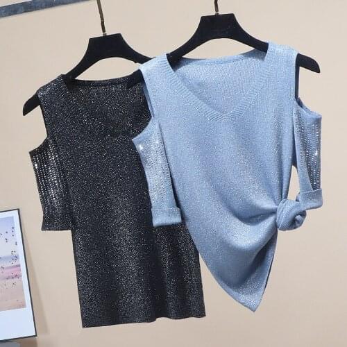 Summer new heavy industry hot drill V-neck bright silk top womens 5-sleeve foreign style off shoulder sweater