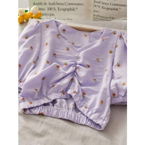 Sweet Crop Top Women Summer Elegant V Neck Pullover Purple Shirts Blouses Slim Short LadiesTops Puff Sleeve Blouse