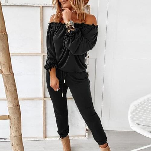 Women Jumpsuit Off Shoulder Pleated Jumpsuits Long Sleeve Drawstring Waist Trousers Romper Ladies 2021 Casual Homewear Rompers