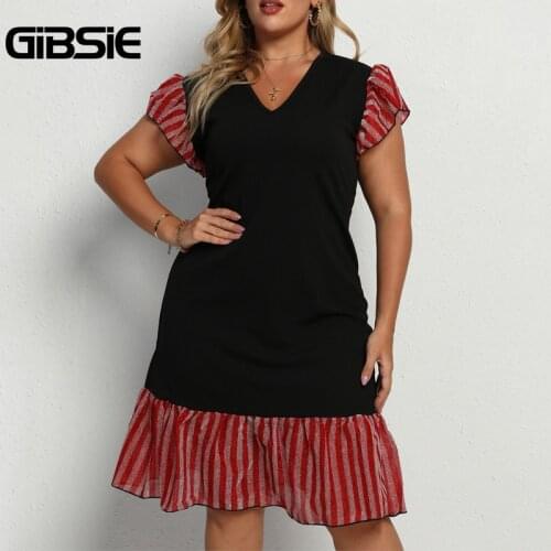 GIBSIE Plus Size V Neck Contrast Striped Flounce Sleeve Smock Dress Women Summer Fashion Korean Big Size Casual Midi Dresses