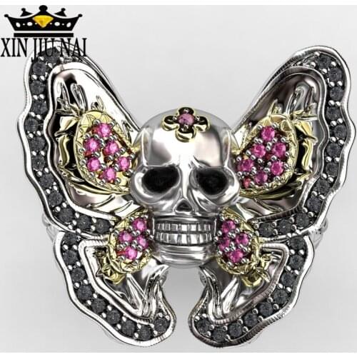 Gothic Colored Cubic Amethyst Zirconia Butterfly Skull Ring Female Silver Color Punk Band Skeleton Cocktail Ring Women Vintage