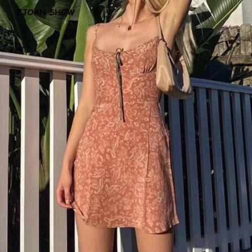 2021 Vintage France Summer Lacing up Slash Collar Floral Print Spaghetti Strap Dress Short Sexy Women Dresses Holiday