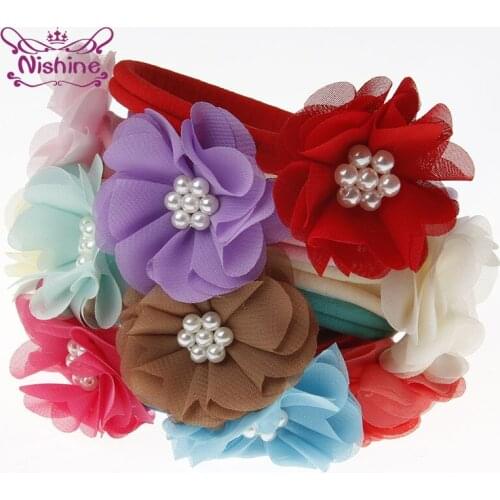 Nishine 10pcs/lot Chiffon Flower with Pearl Baby Elastic Headband Nylon Newborn Toddler Hair Bands Cute Kids Hair Accessories