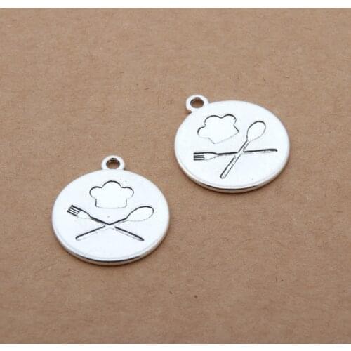 10pcs Silver Color Round Shaped Chef Hat Charms Finding Tableware Spoon Knife Fork Pendant Necklaces Jewelry 20X23mm A3328