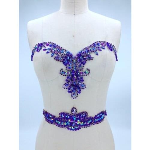 11 Colors Heavy Beaded Rhinestone Collar Applique, Bridal Dress Belt, 1 Set, Gold/Red/Royal Blue/Champagne/White