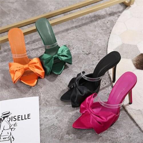 2021 Silk Butterfly Knot Women PVC Slippers Mule 11cm High Heels Slippers Luxury Sandals Pointed Toe Strappy Slides Party Shoes