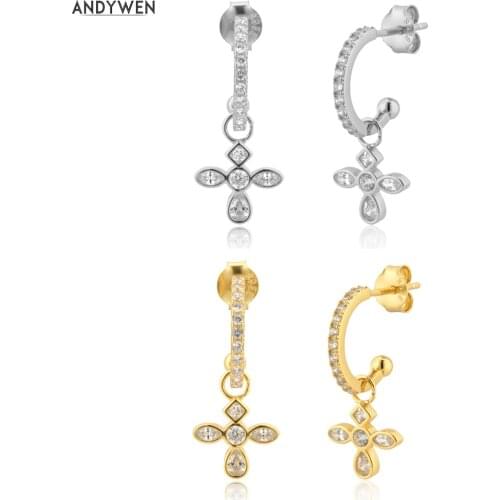ANDYWEN 925 Sterling Silver Clear Zircon Cross Charm Piercing Pendant Pendiente Piercing Drop Earring Jewelry 2021 Gift Jewels