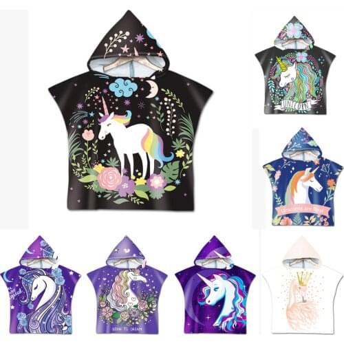 Free shipping Novelty Cute Swan Unicorn Rainbow Flower Moon Print Microfiber Baby Kids Hooded Swim Bath Beach Towel Poncho Cape