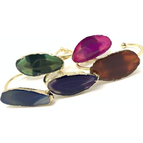 Black Pink Purple Blue Natural Agates Freeform Slab Beads Open Cuff Bangle Fashion Women Onyx Stone Gold Bangle Bracelet Jewelry