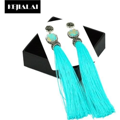 Vintage Style Long Tassel Earrings with Natural Stone Charm Pave Rhinestone Bohemian Jewelry for Women Ribbon Dangle Earrings