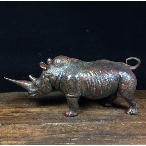 10"Chinese temple collection Old Bronze Cinnabar Lacquer Rhino statue unicorn Town House Exorcism Ward off evil spirits