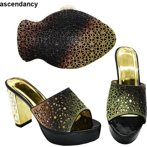 African Shoe and Bag Set Decorated with Rhinestone Summer High Heeled Shoes for Women African Wedding Italian Shoe and Bag Sets