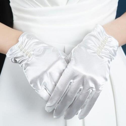 Korean Women Wedding Dress Short Full Finger Sunscreen Gloves Female Summer Spandex Satin Pearl Elastic UV Driving Mittens M75